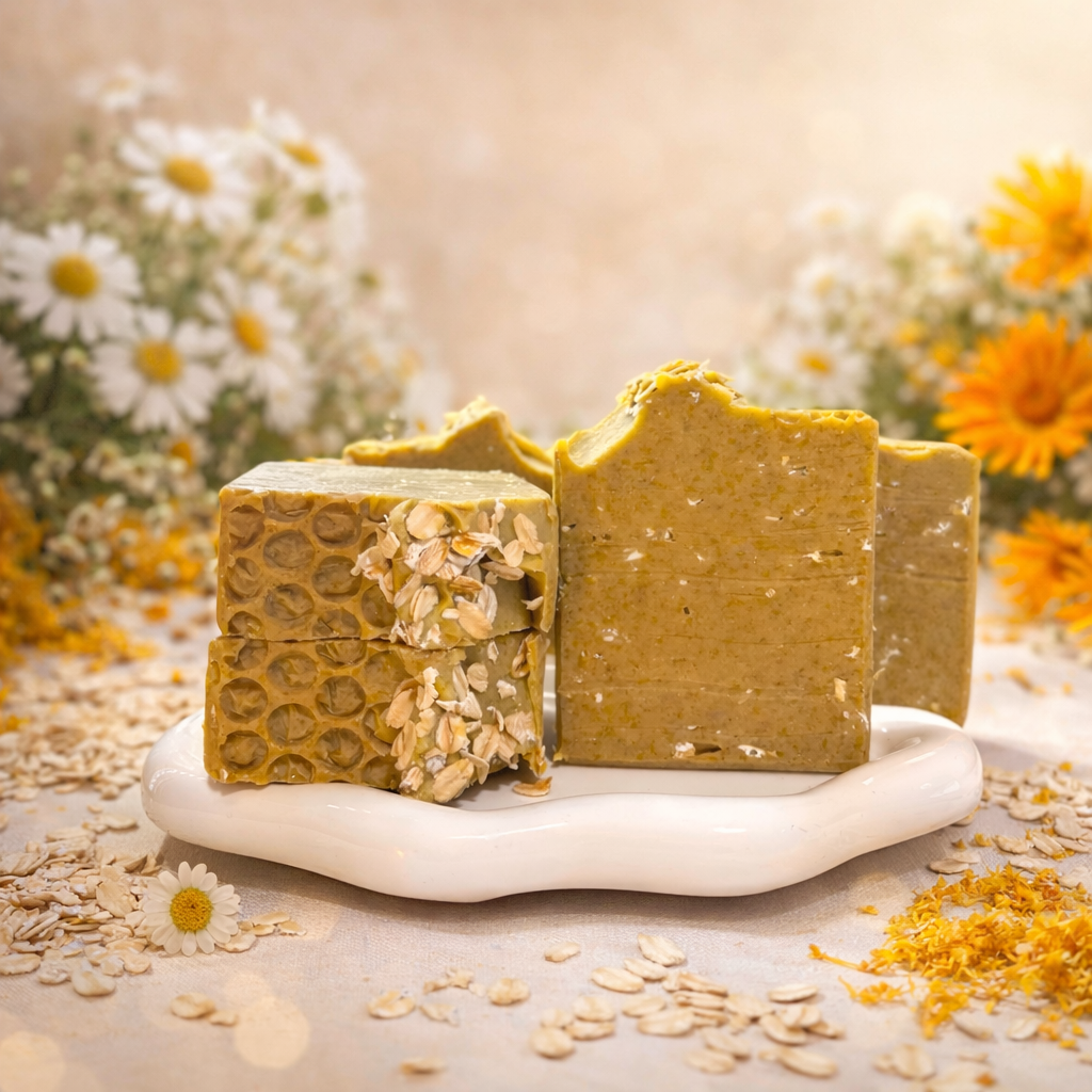 Nourishing soothing handmade soap / oats, chamomile, calendula, coconut milk and honey/Jabón nutritivo calmante/ avena, manzanilla, caléndula, leche de coco y miel